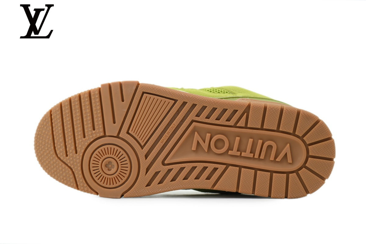 Louis Vuitton Trainer shoes for man women Sneaker ¨C Olive Green Suede & Mesh with Gum Sole