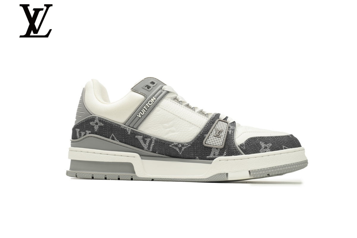 Louis Vuitton Trainer  shoes for man  women Sneaker ¨C Monogram Denim & Leather in Grey & White