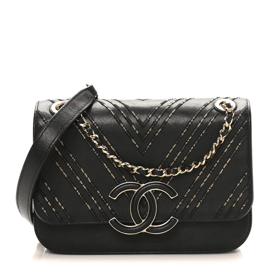 Calfskin Chevron Beaded Chain Mini Square Flap Black