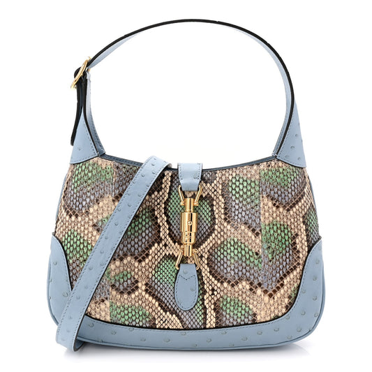 Snakeskin Ostrich Calfskin Small Jackie 1961 Hobo Blue Multicolor