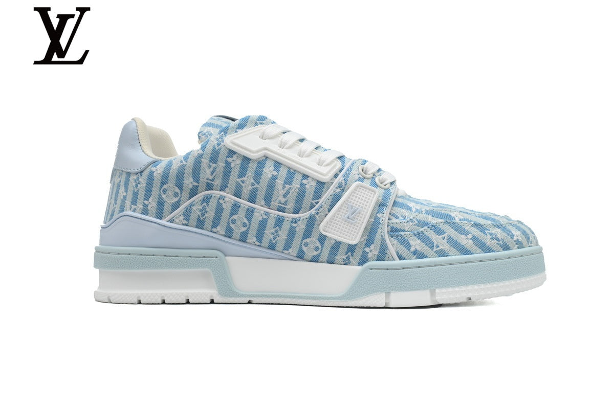 Louis Vuitton Trainer  shoes for man  women Sneaker ¨C Striped Monogram Denim in Light Blue