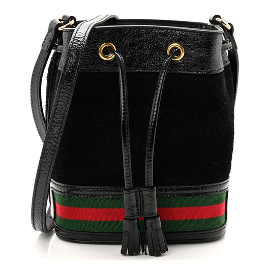 Suede Patent Web Mini Ophidia Bucket Bag Black