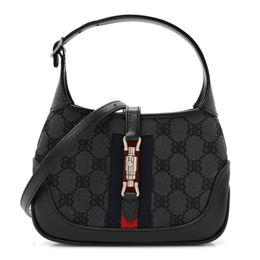 X BALENCIAGA BB Monogram Calfskin Web Mini Jackie 1961 Hobo Black