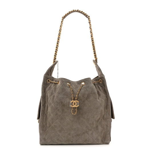Suede Quilted Medium Chanel 25 Handbag Grey