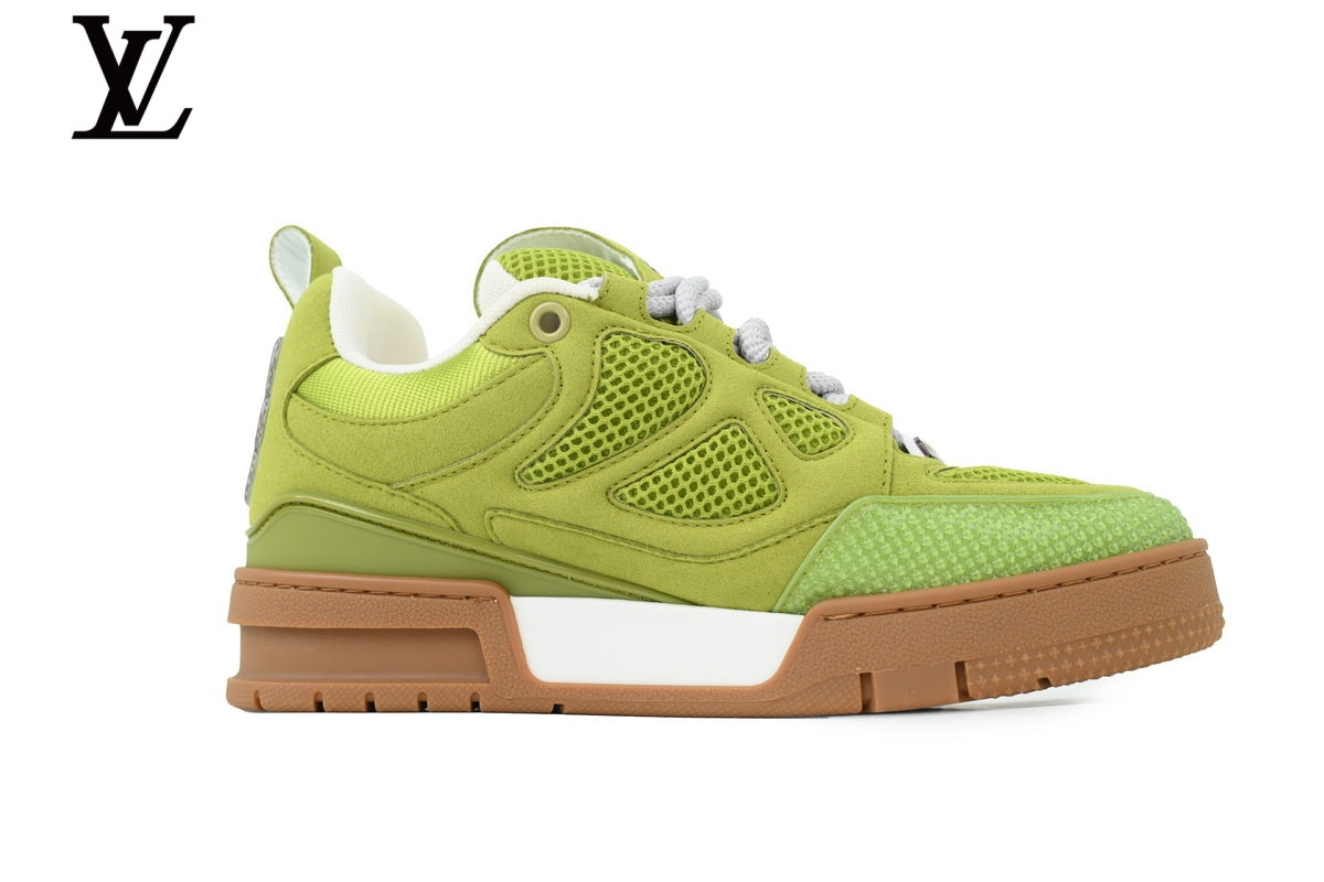 Louis Vuitton Trainer  shoes for man  women Sneaker ¨C Olive Green Suede & Mesh with Gum Sole