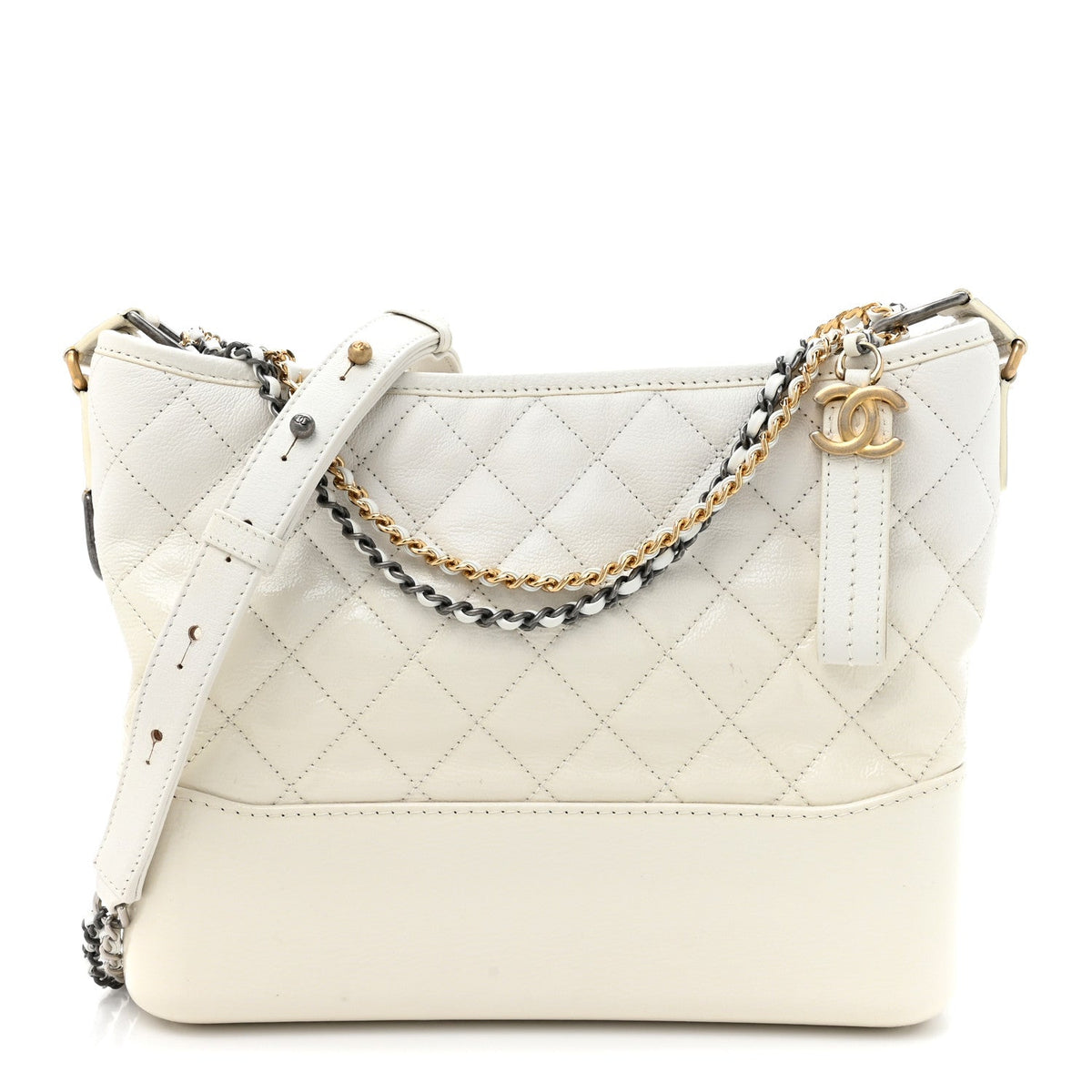 Patent Goatskin Quilted Medium Gabrielle Hobo White