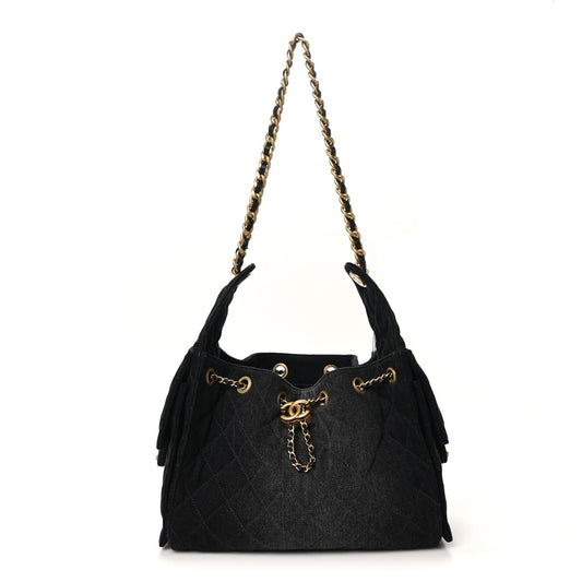 Washed Denim Quilted Small Chanel 25 Handbag Black