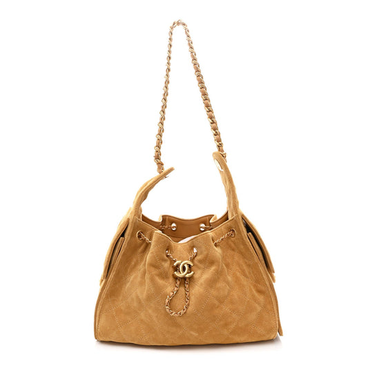 Suede Quilted Small Chanel 25 Handbag Beige