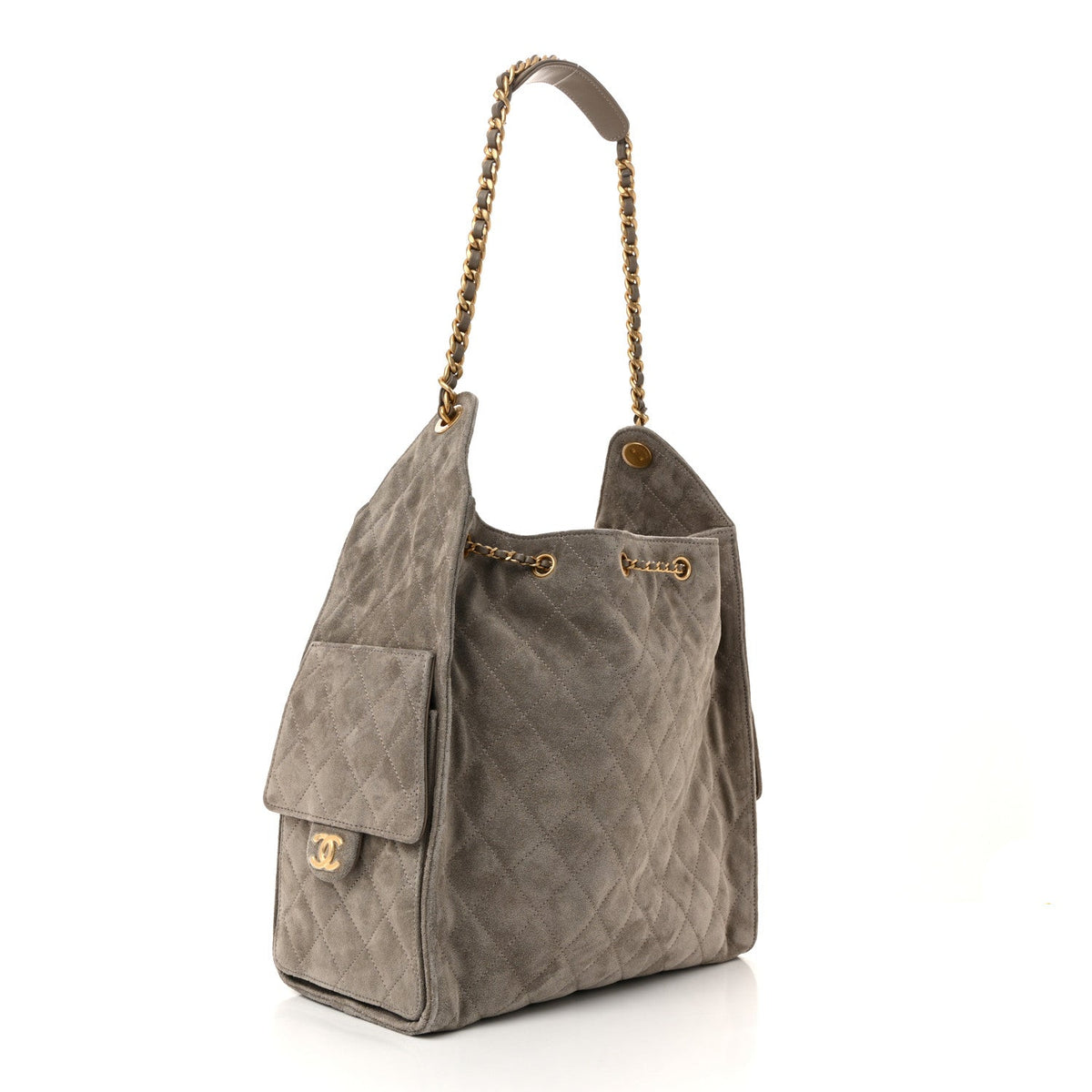 Suede Quilted Medium Chanel 25 Handbag Grey
