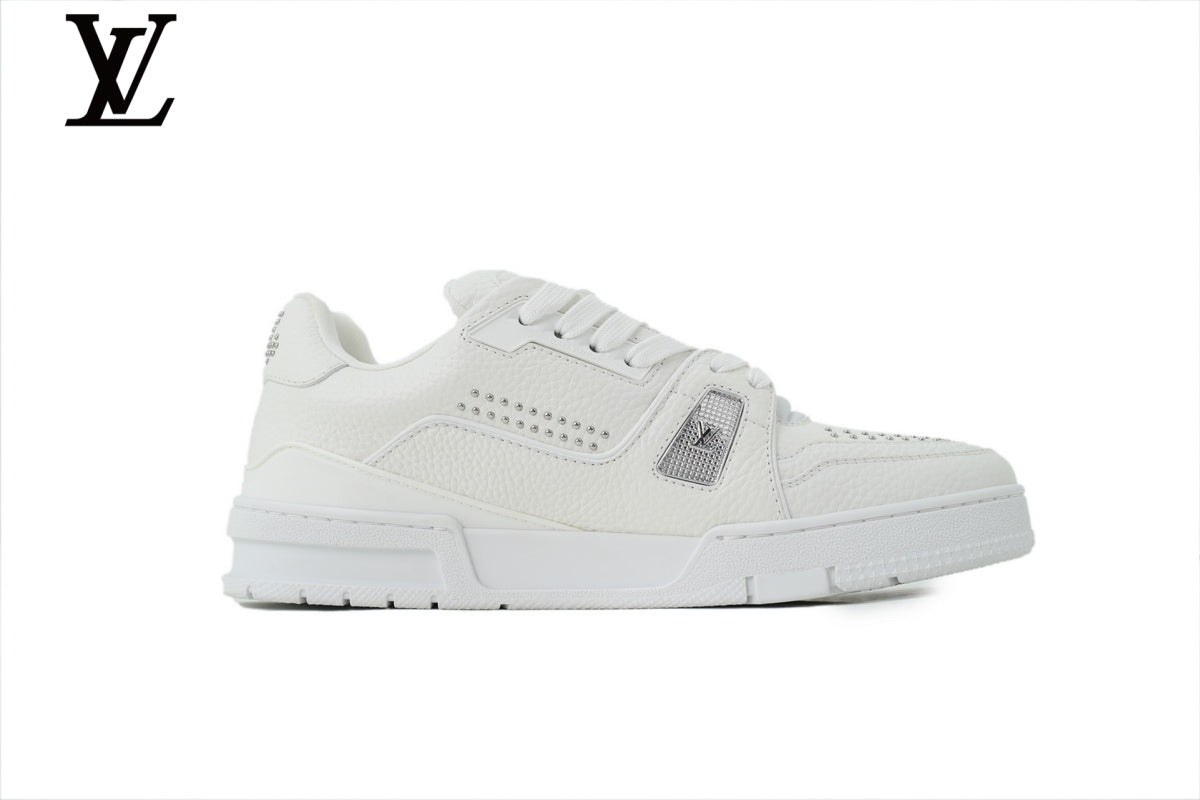 Louis Vuitton Trainer shoes for man  women Sneaker ¨C All-White Leather with Rhinestone Embellishment