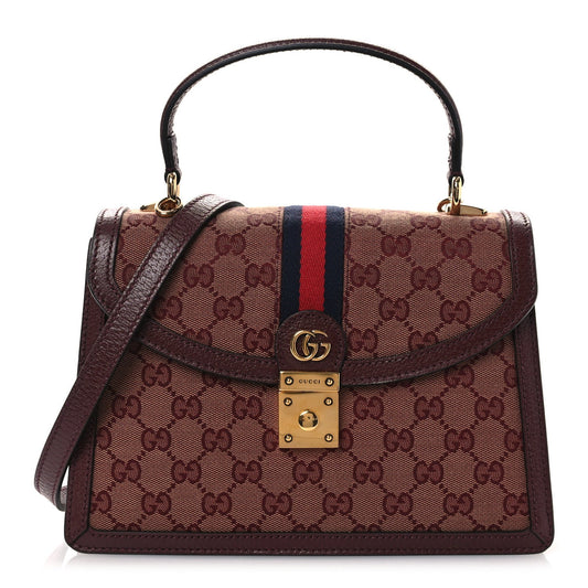 GG Supreme Monogram Textured Dollar Calfskin Web Small Ophidia Padlock Top Handle Bag Bordeaux