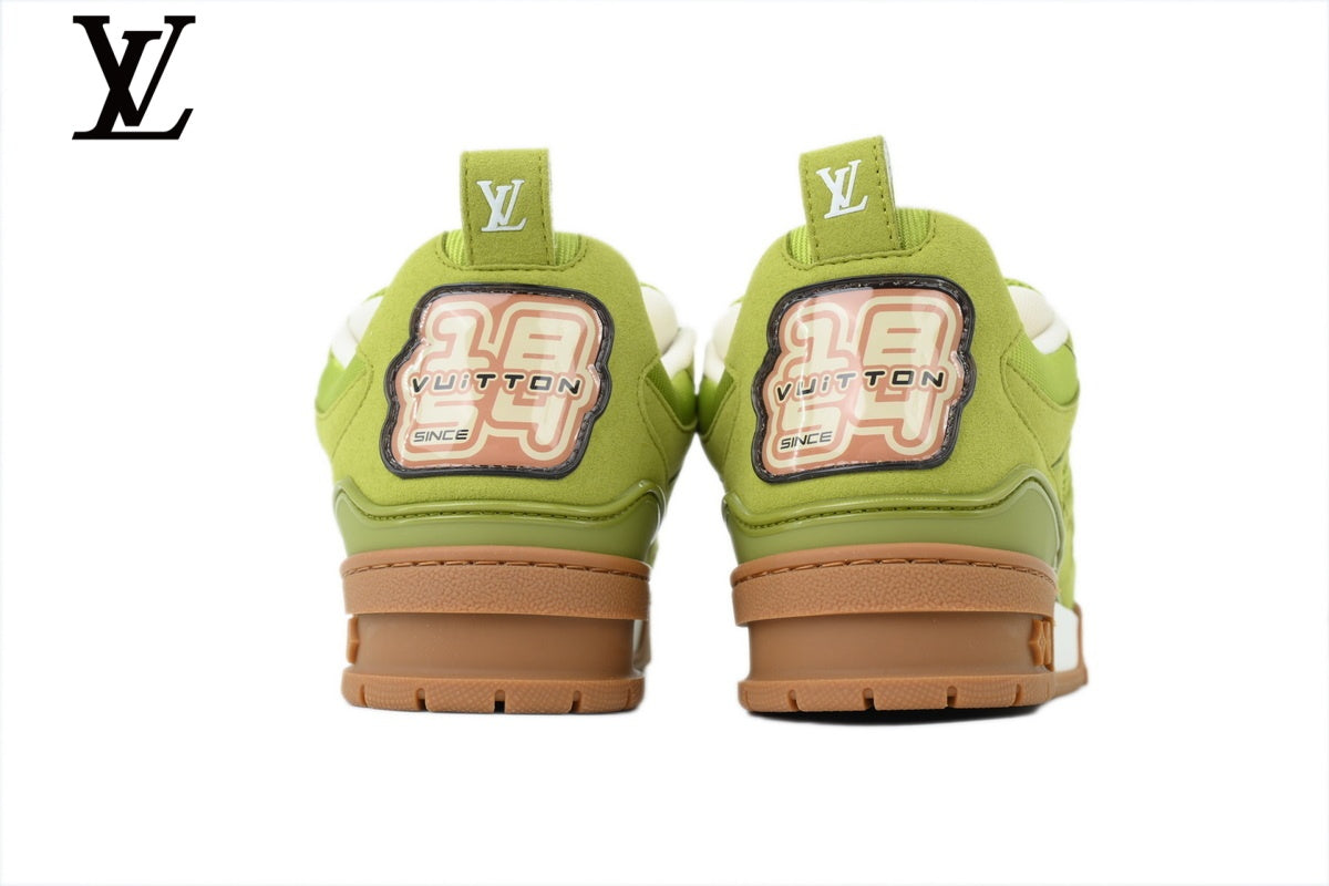 Louis Vuitton Trainer  shoes for man  women Sneaker ¨C Olive Green Suede & Mesh with Gum Sole