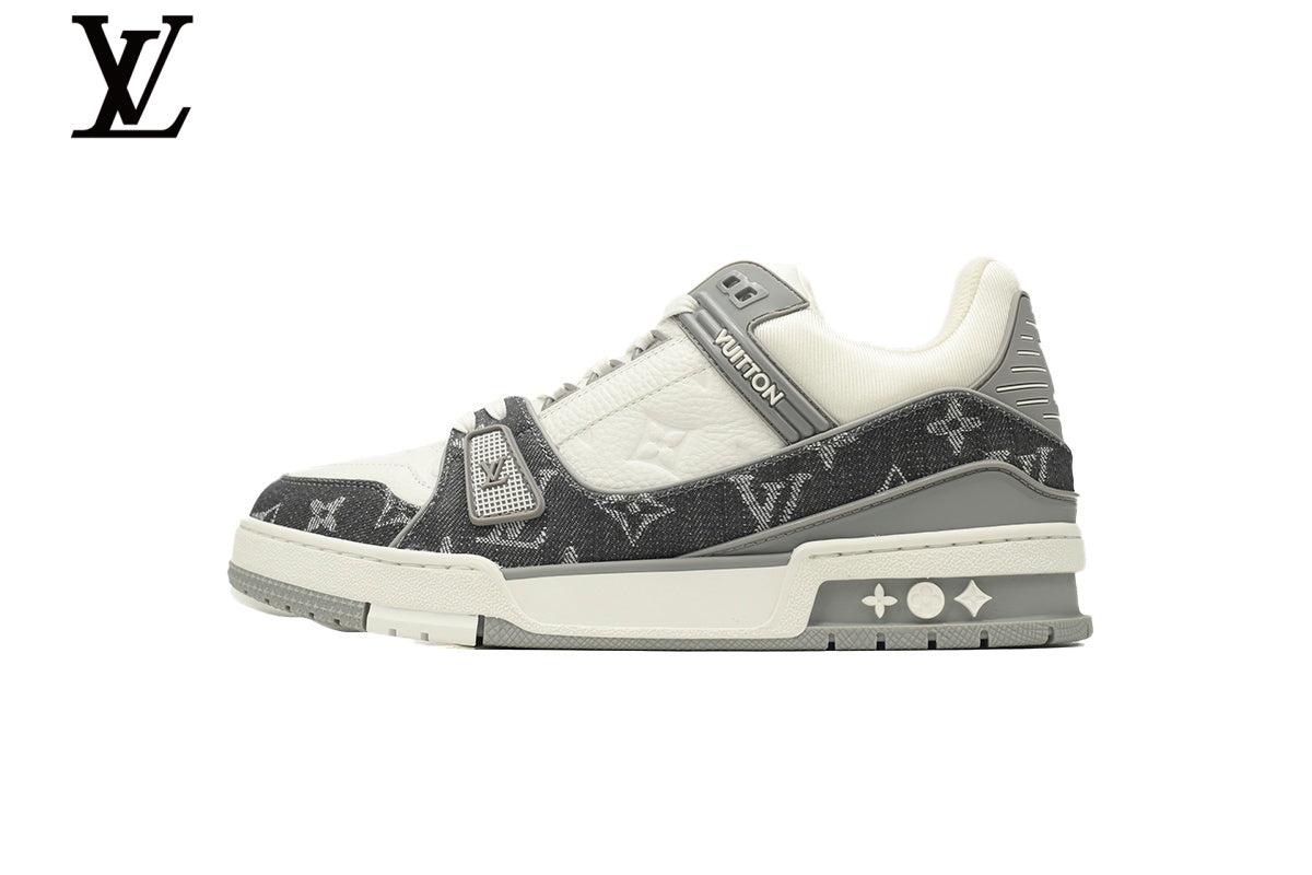 Louis Vuitton Trainer  shoes for man  women Sneaker ¨C Monogram Denim & Leather in Grey & White