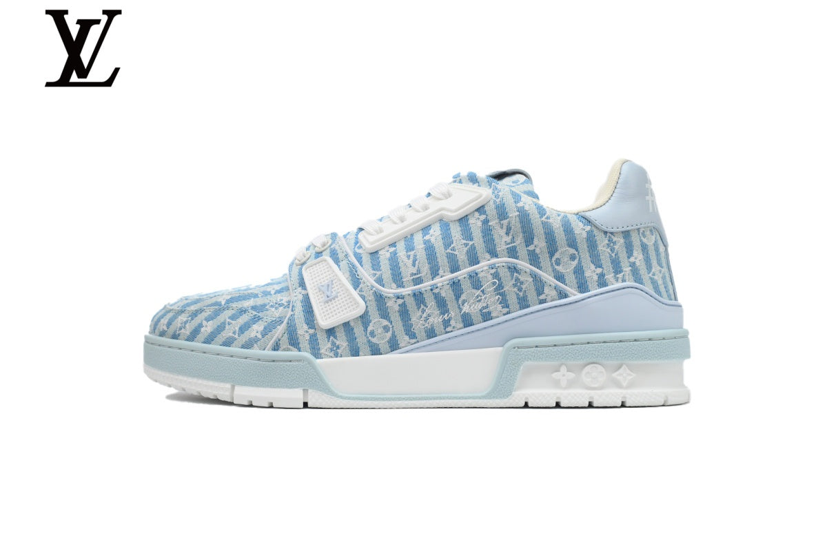 Louis Vuitton Trainer  shoes for man  women Sneaker ¨C Striped Monogram Denim in Light Blue